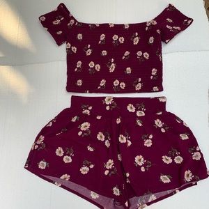 Burgundy floral short matching set